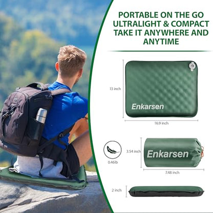 Inflatable Travel Seat Cushion – Self-Inflating Memory Foam Pad for Airplane, Stadium Bleachers, Camping, Hiking & Backpacking – Ultralight Compact & Portable Sitting Cushion (Green) - color: Green