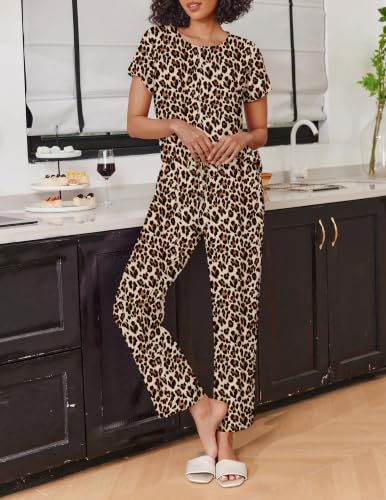 Ekouaer 2 Pack Womens Pajama Set Short Sleeve Top and Printed Pants Soft Pj - color: Black/Leopard, size: Small
