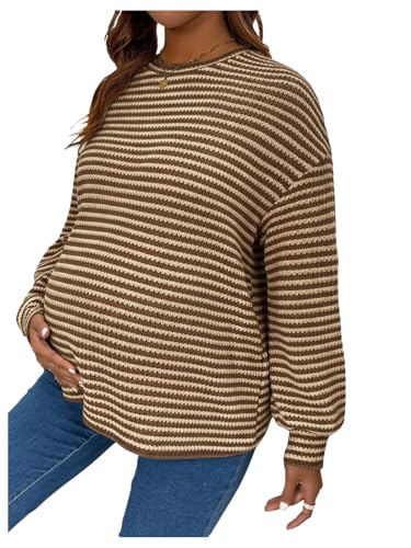 RoseSeek Women's Long Sleeve Crew Neck Maternity Sweatshirt Pullover Tops - color: Coffee Brown Yellow, size: Small