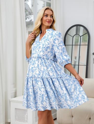 Angashion Women's Maternity Nursing Dress: V-Neck Hidden Zipper Pockets - color: White&blue Floral, size: Medium