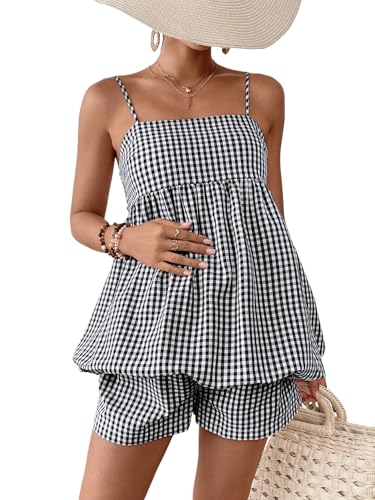 SweatyRocks Women Maternity 2 Piece Outfits Gingham Cami Top Shorts Sets - color: Black and White, size: X-Large