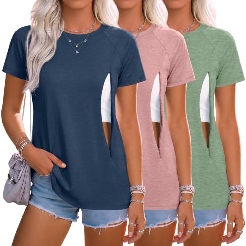Huukeay 3 Pack Women's Nursing Tops - color: Gray Blue, Light Pink, Light Green, size: Small