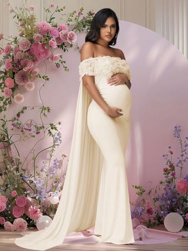 Maternity Mesh Off Shoulder Chiffon Cloak Maxi Photoshoot Dress - color: Beige-a, size: Large