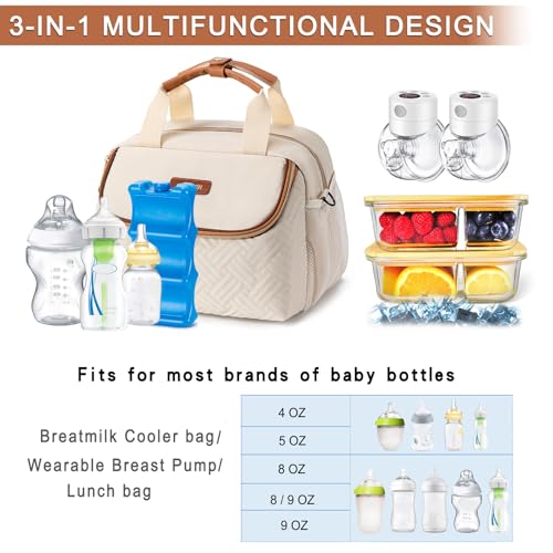 Breastmilk Cooler Breast Pump Bag with Ice Pack Fits 6 Bottles Up to 9 Oz - color: Cream