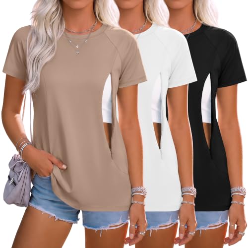Huukeay 3 Pack Women's Nursing Tops - color: White, Khaki, Black, size: Large