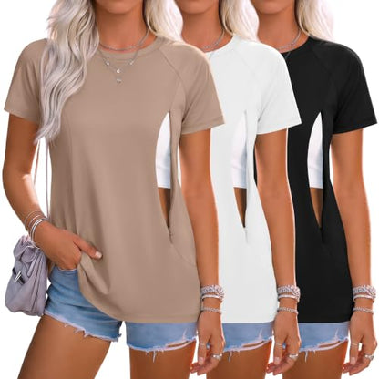 Huukeay 3 Pack Women's Nursing Tops - color: White, Khaki, Black, size: XX-Large