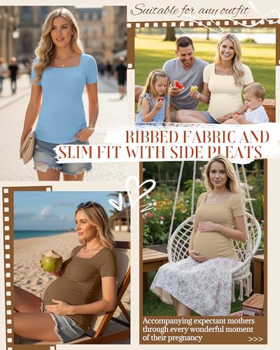 Huukeay 4 Pack Women's Short Sleeve Maternity Shirts - color: Light Khaki, Dark Khaki, Cream, Light Blue, size: XX-Large