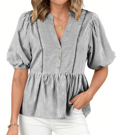 dowerme Women Lantern Sleeve Button Up Stripes Babydoll Tops - color: Black, size: Medium