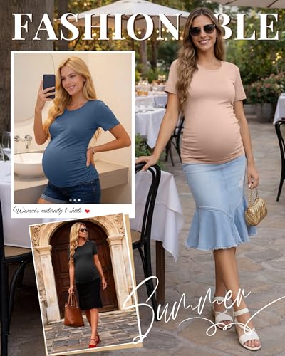 Ficerd 3 Pack Women's Maternity Side Ruched T-Shirts - color: Black, Haze Blue, Khaki, size: X-Large