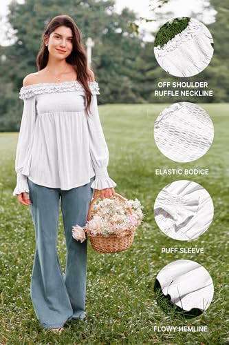 OUGES Womens Cotton Blend Off The Shoulder Maternity Tops Smocked Ruffle Sleeve Blouse Going Out Pregnancy Shirts 2025 - color: White, size: XX-Large