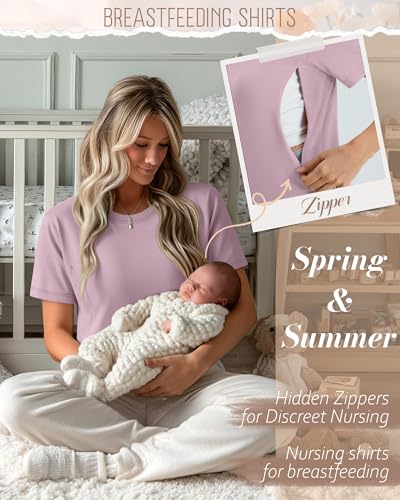 Oakgarden 4 Pack Nursing Breastfeeding Shirts - color: Purple, Light Khaki, White, Black, size: Small