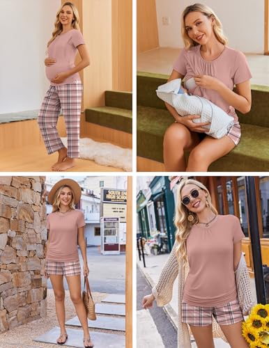 Ekouaer Maternity Nursing Pajamas Set 3 Piece Postpartum Breastfeeding Pjs - color: Pink Plaid, size: Medium