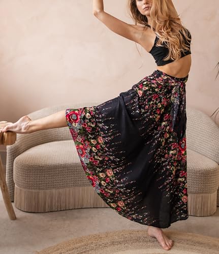 Long Skirts for Women Maxi Boho Skirt - color: Black Flowers, size: 16-20 Plus