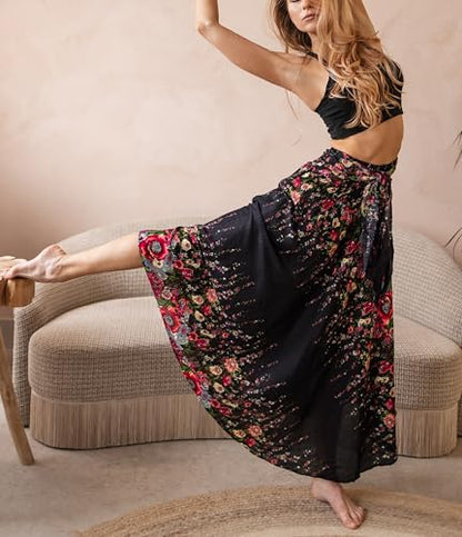 Long Skirts for Women Maxi Boho Skirt - color: Black Flowers, size: 16-20 Plus