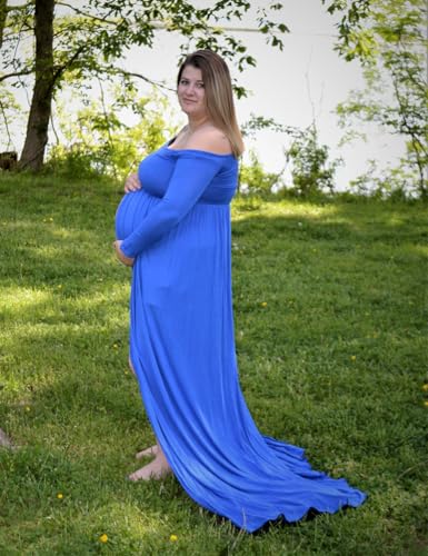 Maternity Off Shoulder Chiffon Gown Long Sleeve Front Split Maxi Photography Dress for Photoshoot - color: Navy Blue, size: Small