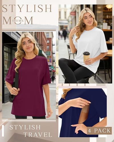 4 Pack Nursing Breastfeeding Shirts - color: Fuchsia, White, Navy Blue, Black, size: Medium