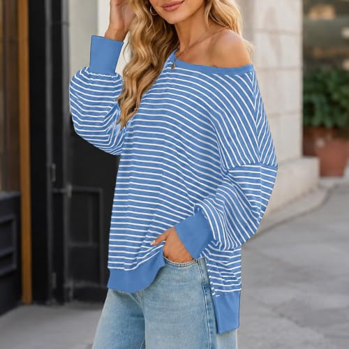 Fall Tops for Women 2026 off Shoulder Striped Top Long Sleeve Pullover Tops - color: Blue, size: X-Large
