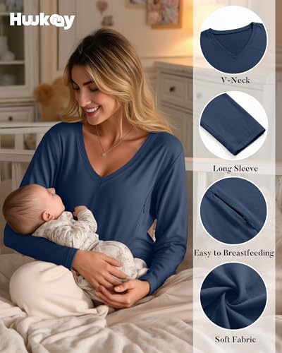 Huukeay 3 Pack Maternity Nursing Tops Breastfeeding Shirts - color: Apple Green, Light Pink , Haze Blue, size: X-Large