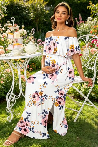 Off Shoulder Ruffle Sleeve Maternity Maxi Dress Side Slit - color: White Floral-hx131, size: Medium