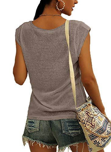 Langwyqu Womens' Cap Sleeve Tees Casual Loose Fit Basic Shirts Tank Tops - color: 00- Gray&brown, size: X-Large