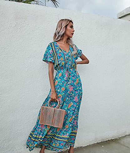 R.Vivimos Womens Summer Boho Floral Print V Neck Flowy Dress - color: Green, size: Large
