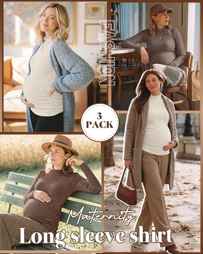 Neer 3 Pack Women's Maternity Mock Turtleneck Long Sleeve Tops - color: Apricot, Coffee, Brown, size: Small
