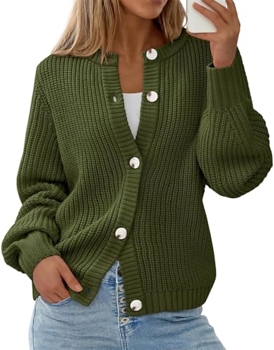 PRETTYGARDEN Women's Chunky Knit Button Up Cardigan Sweaters Outerwear - color: Army Green, size: Medium