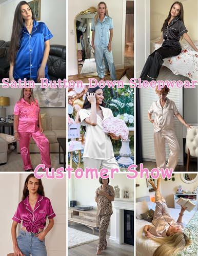 Ekouaer Womens Satin Pajama Set Silky Short Sleeve Button Down Pj Set - color: Black, size: Medium