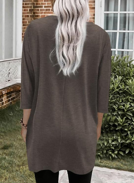 Poetsky Womens 3/4 Sleeve Tunics or Tops to Wear with Leggings Long Shirts - color: Brown, size: Small