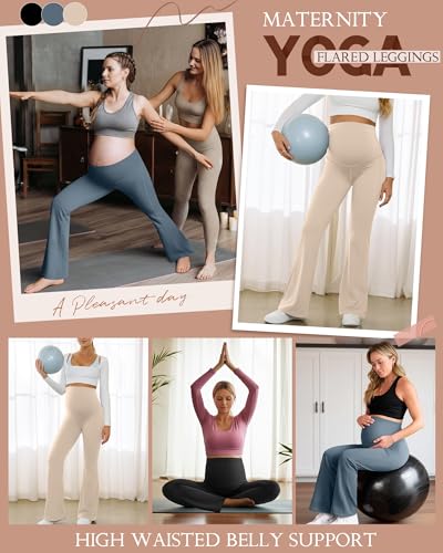 3 Pack Maternity Over The Belly Flared Leggings Pants - color: Apricot, Haze Blue, Black, size: Small