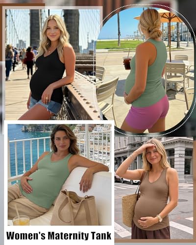 3 Pack Maternity Tank Tops Ribbed V Neck - color: Gray Green, Light Coffee, Black, size: Large