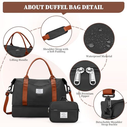 Weekender Bags for Women, Personal Item Travel Bag with Shoes Compartment - color: Black & Brown, size: Medium