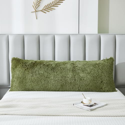 JAUXIO Faux Fur Fluffy Body Pillow Cover Luxury Shaggy Plush Decorative Body Pillowcase, Ultra Soft and Cozy Zipper Closure 21 x 54 Inches, Sage - color: Sage