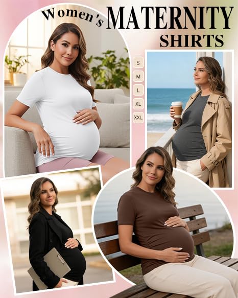 Women's Maternity Shirts Sleeve Casual Crew Neck Undershirts Athletic Moisture Wicking Side Ruched - size: Large