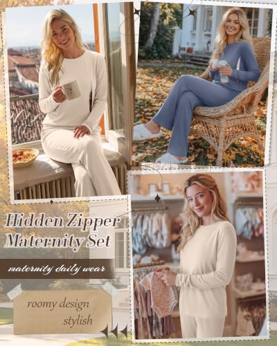 2 Pack Maternity Nursing Pajamas Postpartum Sets - color: Beige, Gray Blue, size: Small