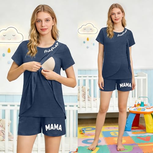 Maternity Nursing 2 Piece Pajama Set Double Layer Breastfeeding Sleepwear - color: A-blue, size: X-Large