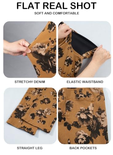 BLENCOT Women's Maternity Jeans Fashion Printed Pregnancy Denim Pants - color: Brown Floral, size: Medium