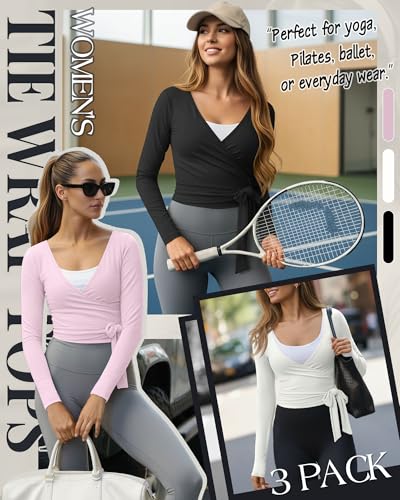 Oakgarden 3 Pack Womens Pilates Ballet Wrap Tops Front Tie Shirt - color: Black, Beige White, Pink, size: X-Large