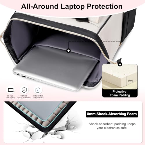 Lunch Backpack For Women, 15.6 Inch Laptop Backpack with Lunchbox - color: Black/Beige
