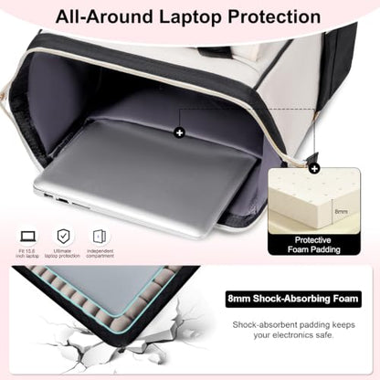 Lunch Backpack For Women, 15.6 Inch Laptop Backpack with Lunchbox - color: Black/Beige