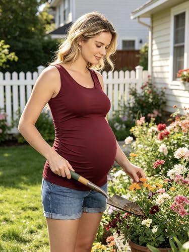 AMPOSH Womens Maternity Tank Tops 3 Pack Cotton Sleeveless Ruched Side Pregnancy Postpartum Shirts Soft Stretch Basic Top - color: 36 Black/Dark Gray/Burgundy, size: Small