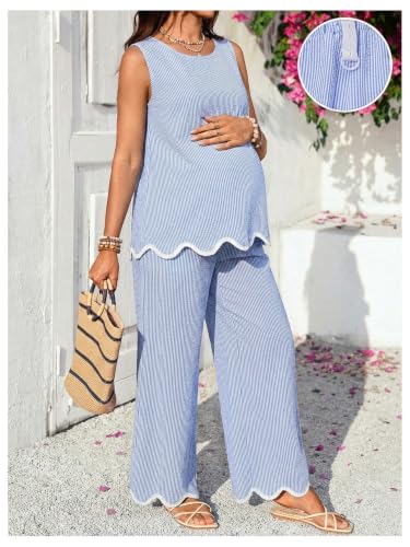RoseSeek Women's Maternity 2 Piece Outfits Tank Top and Wide Leg Pants - color: Blue and White, size: Medium