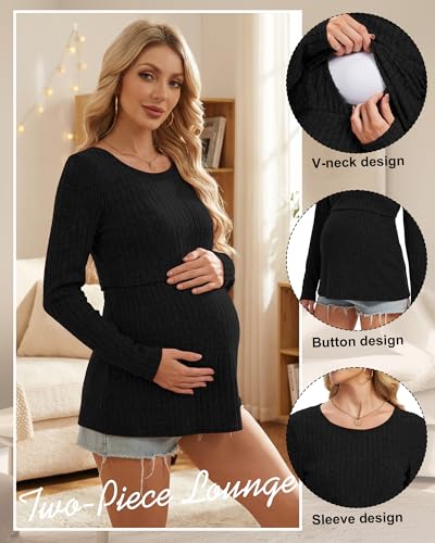 Cutecrop 3 Pack Women Maternity Tops Long Sleeve Pregnancy Shirts Double Front Layer Nursing Breastfeeding Postpartum Clothes - color: Black/Khaki/Coffee, size: Large
