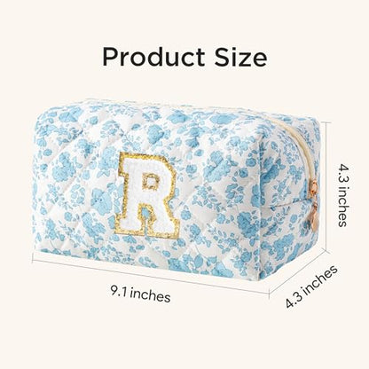 HBselect Personalized Makeup Bag for Women Initial Quilted Toiletry Bag - color: Blue Flower, size: R