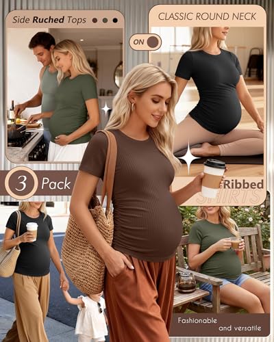 Ficerd 3 Pack Women's Short Sleeve Maternity Shirts - color: Black, Coffee, Light Army Green, size: Medium