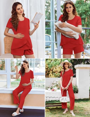 Ekouaer 3 PCS Maternity Nursing Pajamas Set Postpartum Breastfeeding PJS - color: Classic Red, size: Small