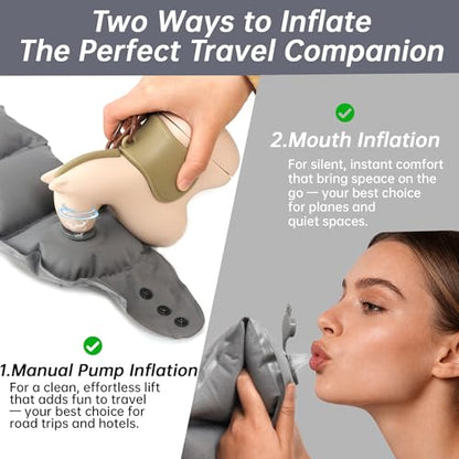 Inflatable Travel Neck Pillow Built-in Pump & Cute Storage Bag - color: Khaki