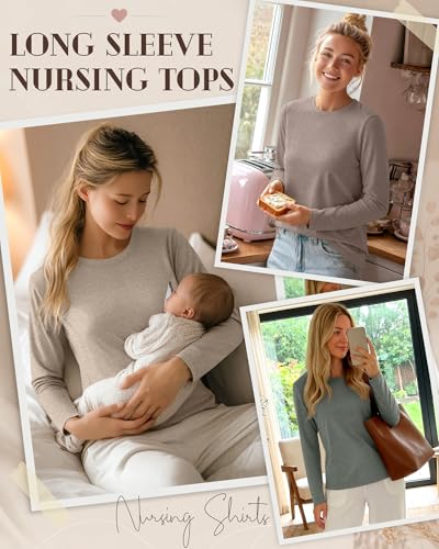 3 Pack Women's Nursing Tops Breastfeeding Shirts Fall - color: Coffee, Light Camel, Gray Green, size: Large