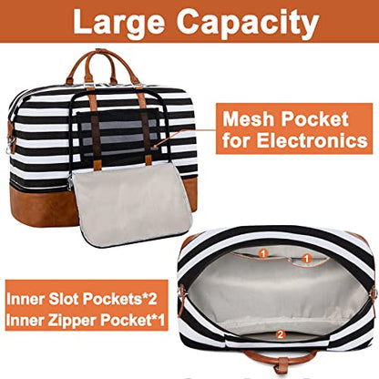 TIBES Travel Weekender Bag for Women, Overnight Bag with Shoe Compartment - color: L-Black & White Strips