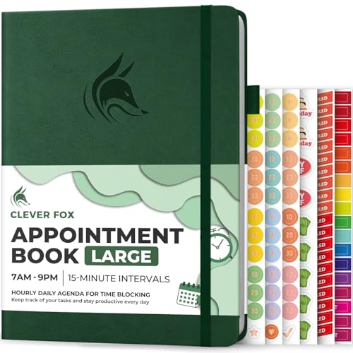 Clever Fox Appointment Book, 15-Minute Daily Planner, Undated Dark Green - color: Dark Green